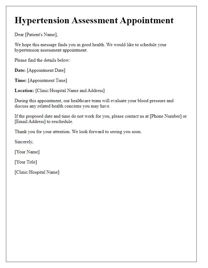 Letter template of hypertension assessment appointment scheduling