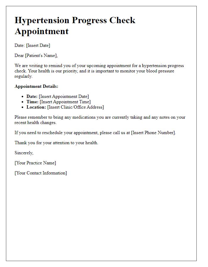 Letter template of hypertension progress check appointment