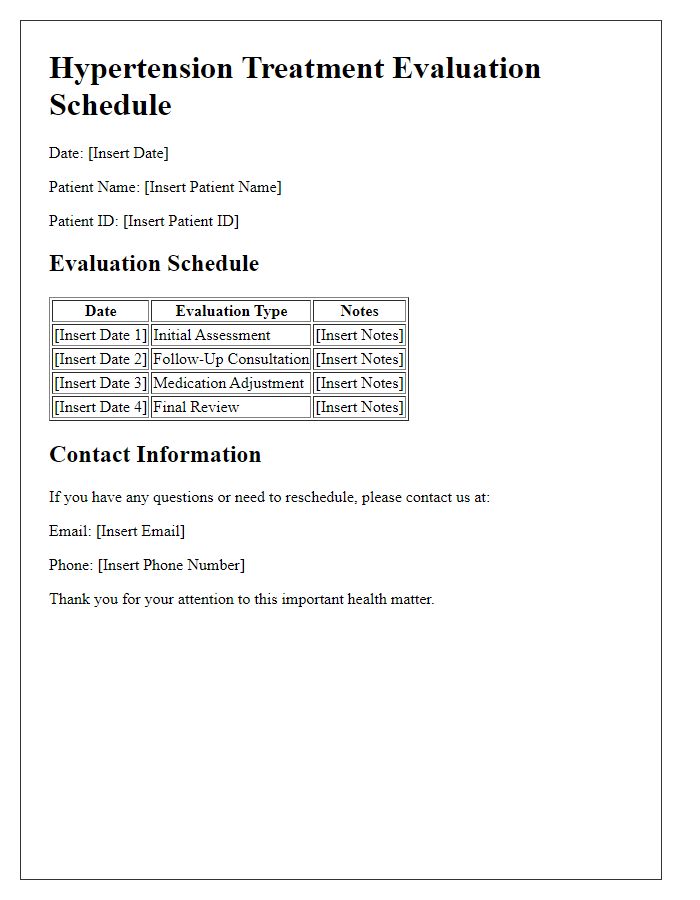 Letter template of hypertension treatment evaluation schedule