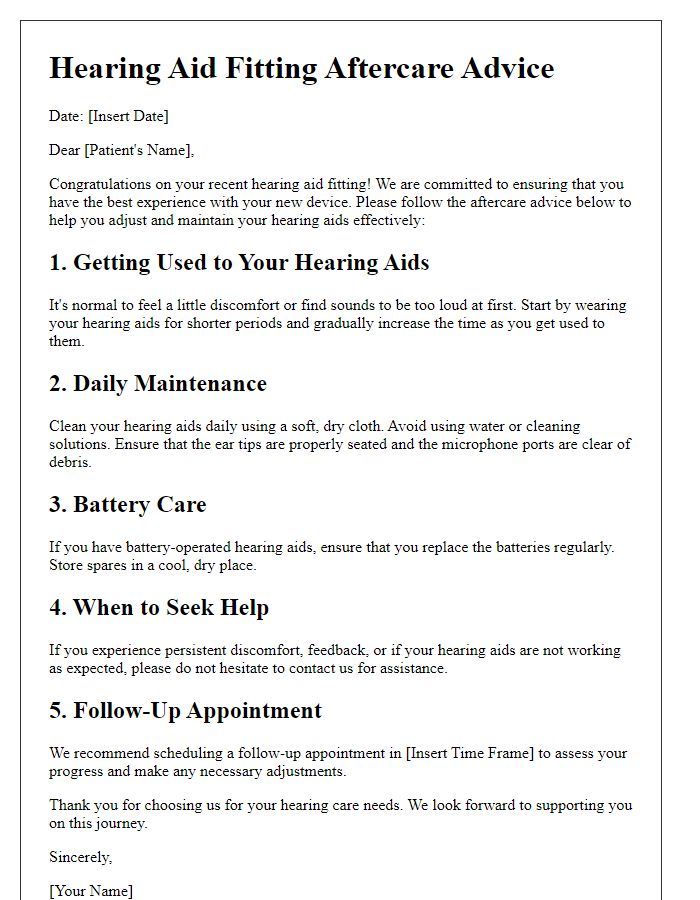 Letter template of hearing aid fitting aftercare advice