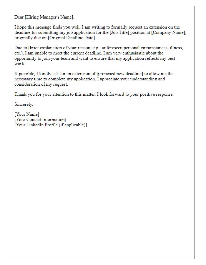 Letter template of notification on needing a deadline extension for job application submission.