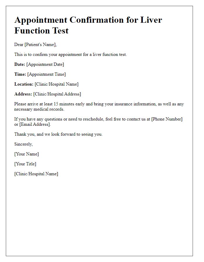 Letter template of confirmation for liver function test appointment