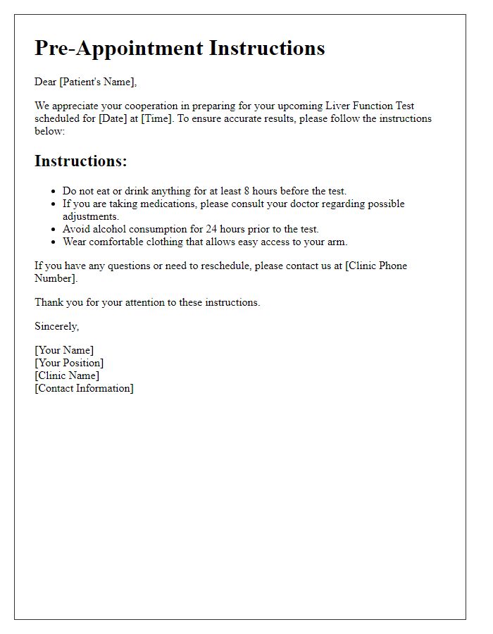 Letter template of pre-appointment instructions for liver function test