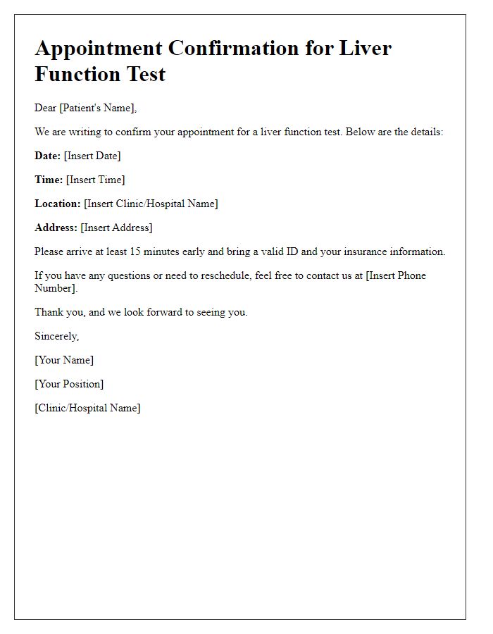 Letter template of scheduling a liver function test appointment