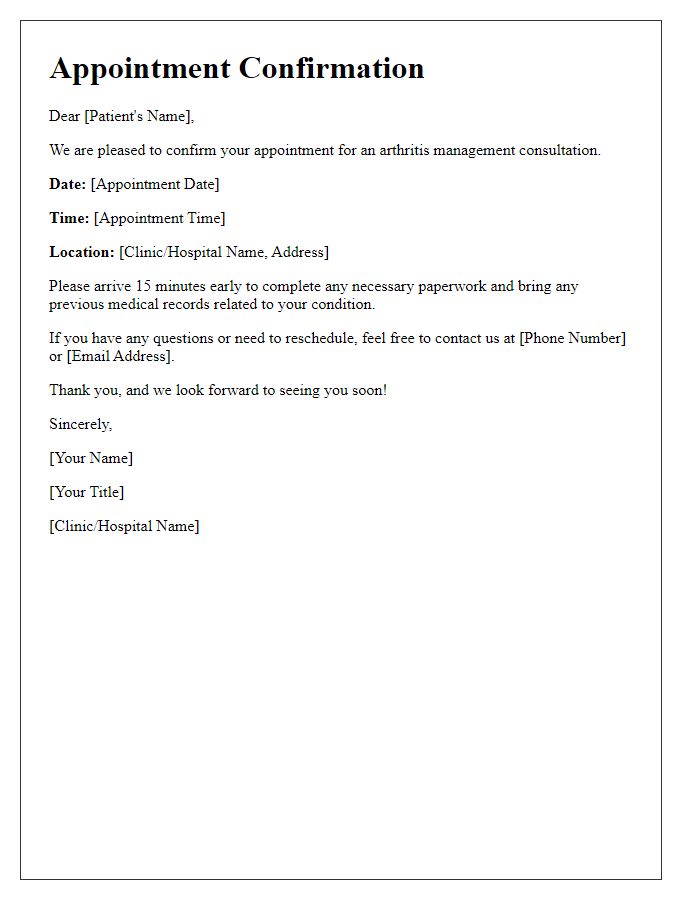 Letter template of appointment confirmation for arthritis management consultation.