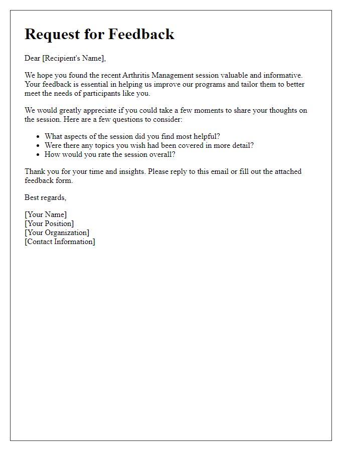 Letter template of feedback request for arthritis management session.