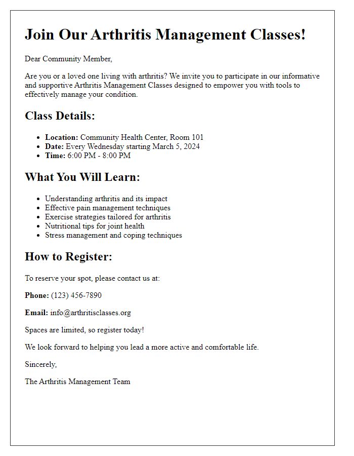 Letter template of informational brochure for arthritis management classes.