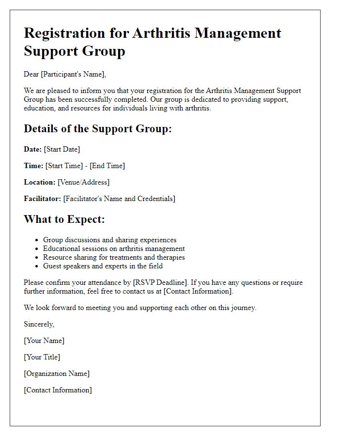 Letter template of registration for arthritis management support group.