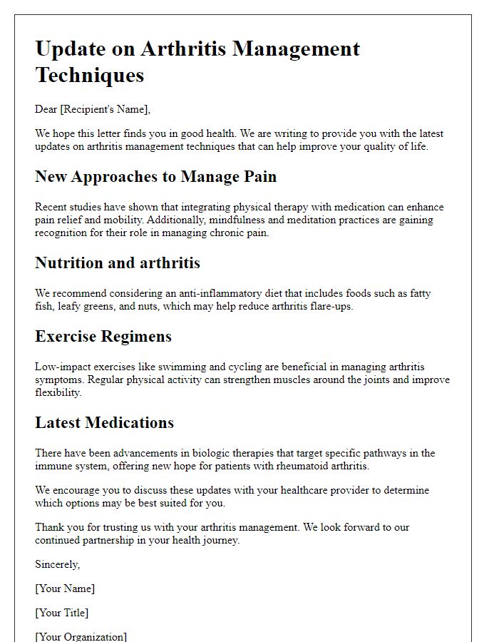 Letter template of updates on arthritis management techniques.