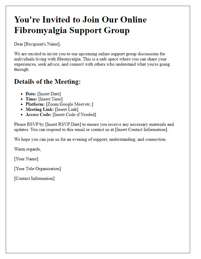 Letter template of invitation for online fibromyalgia support group discussions.