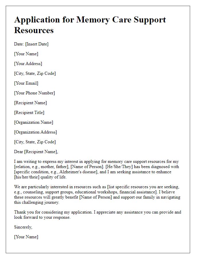 Letter template of application for memory care support resources