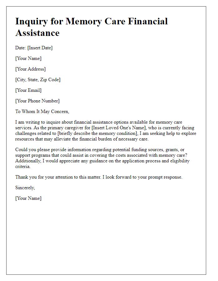 Letter template of exploring memory care financial assistance