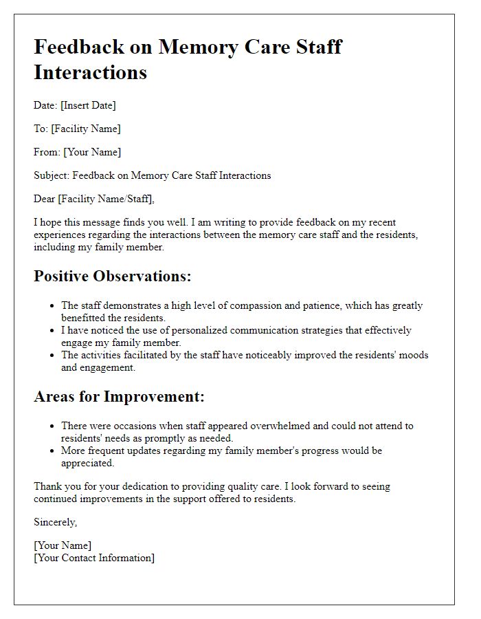 Letter template of feedback on memory care staff interactions