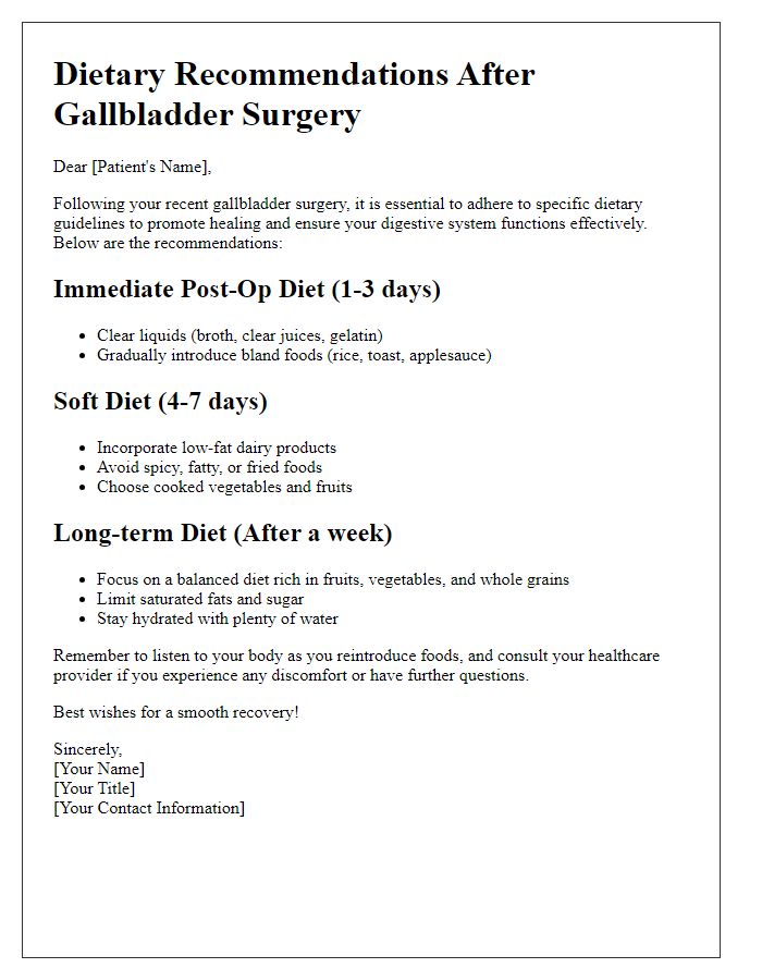 Letter template of gallbladder surgery dietary recommendations