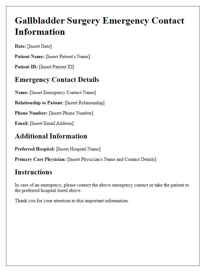 Letter template of gallbladder surgery emergency contact information