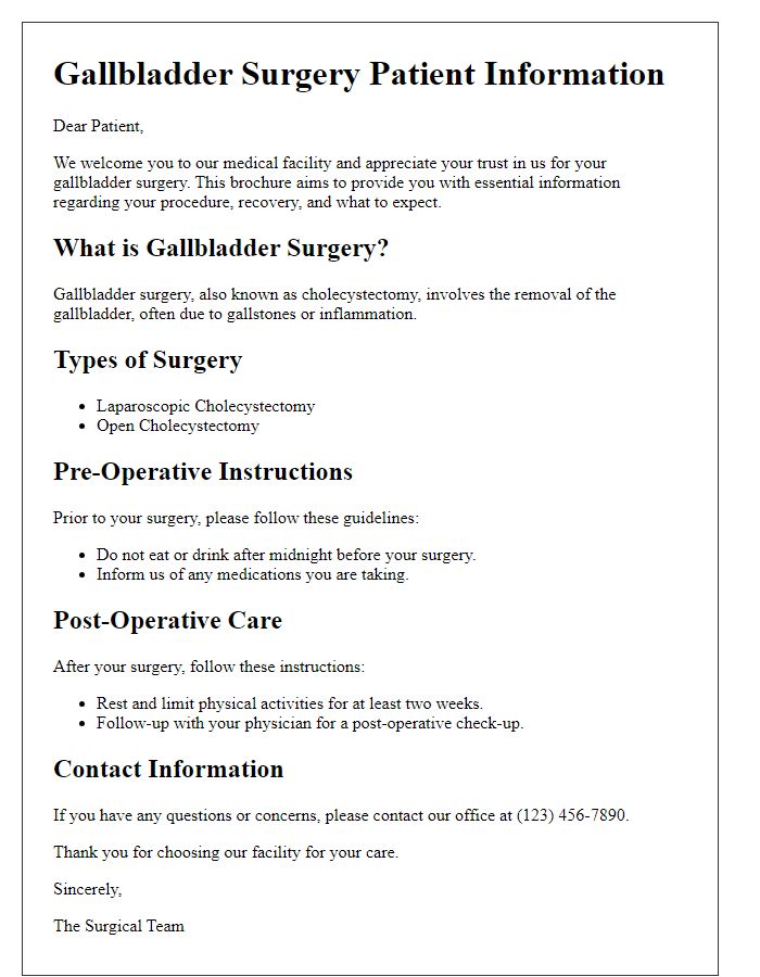 Letter template of gallbladder surgery patient information brochure