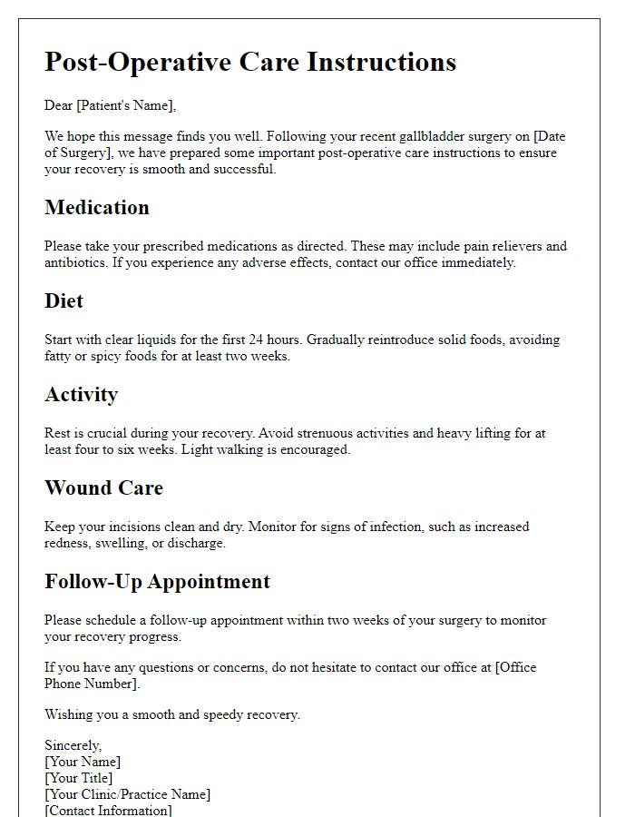 Letter template of gallbladder surgery post-operative care