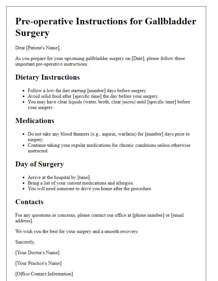 Letter template of gallbladder surgery pre-operative instructions