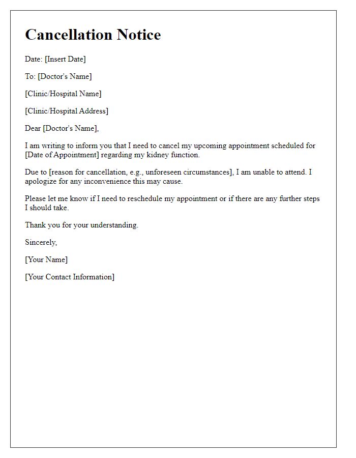 Letter template of cancellation notice for kidney function appointment.