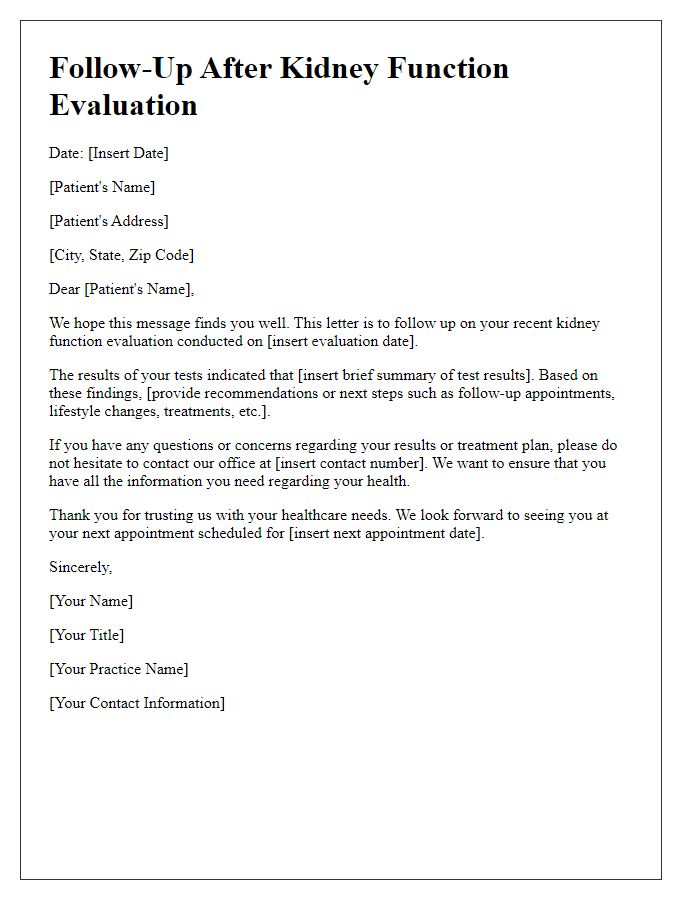 Letter template of follow-up after kidney function evaluation.