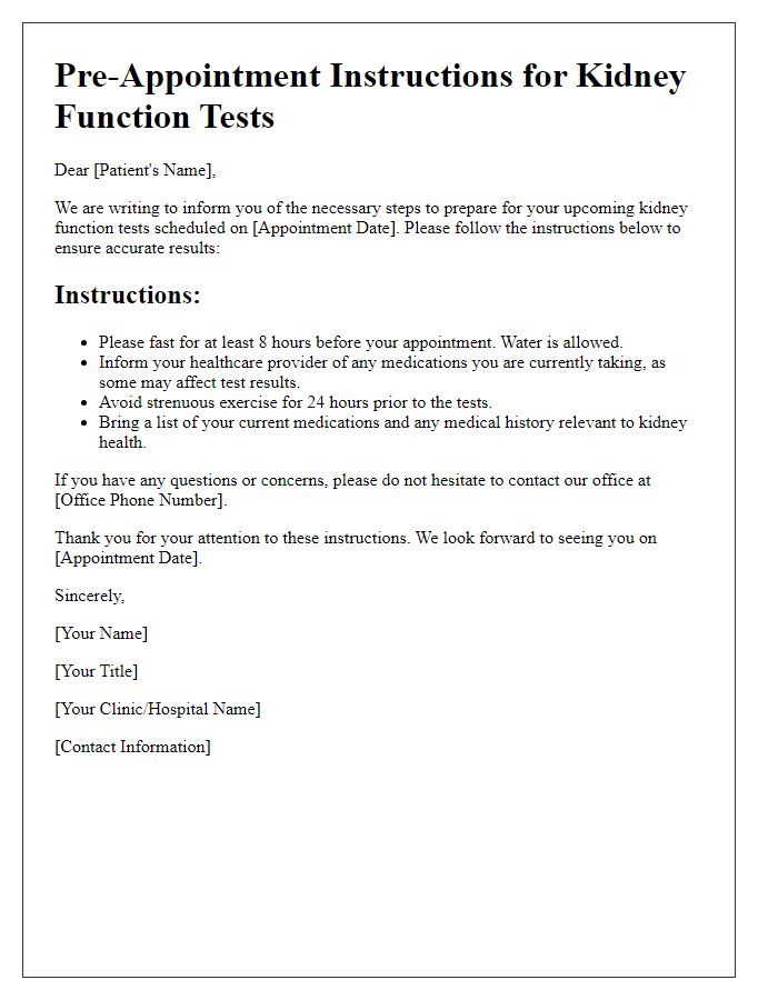 Letter template of pre-appointment instructions for kidney function tests.