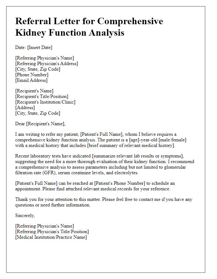 Letter template of referral for comprehensive kidney function analysis.