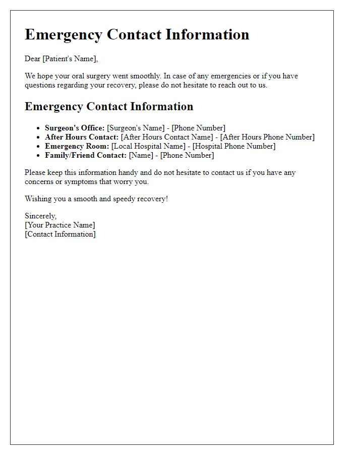 Letter template of emergency contact information post oral surgery.