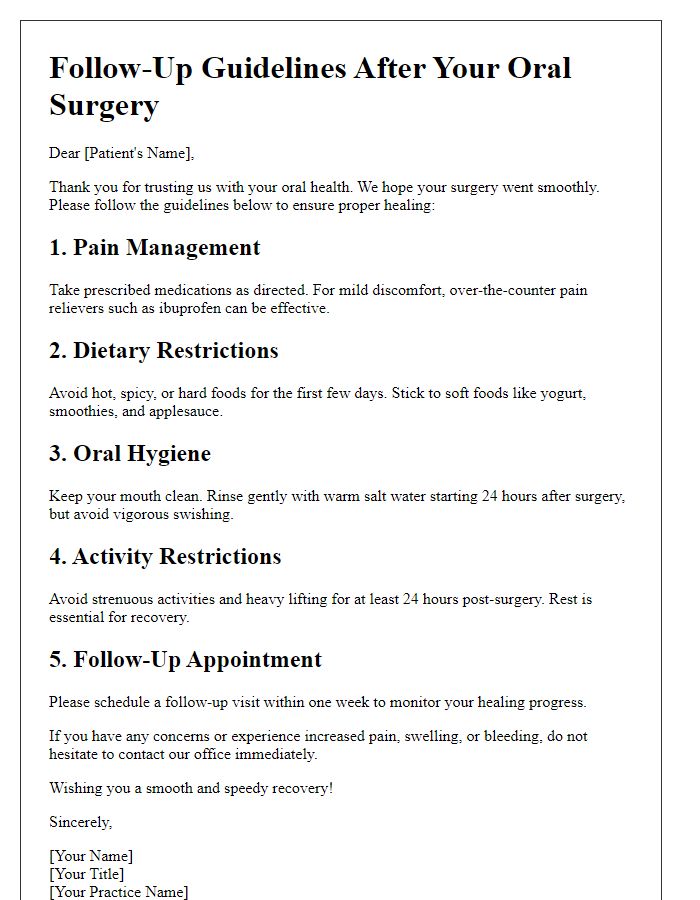 Letter template of follow-up guidelines after oral surgery.