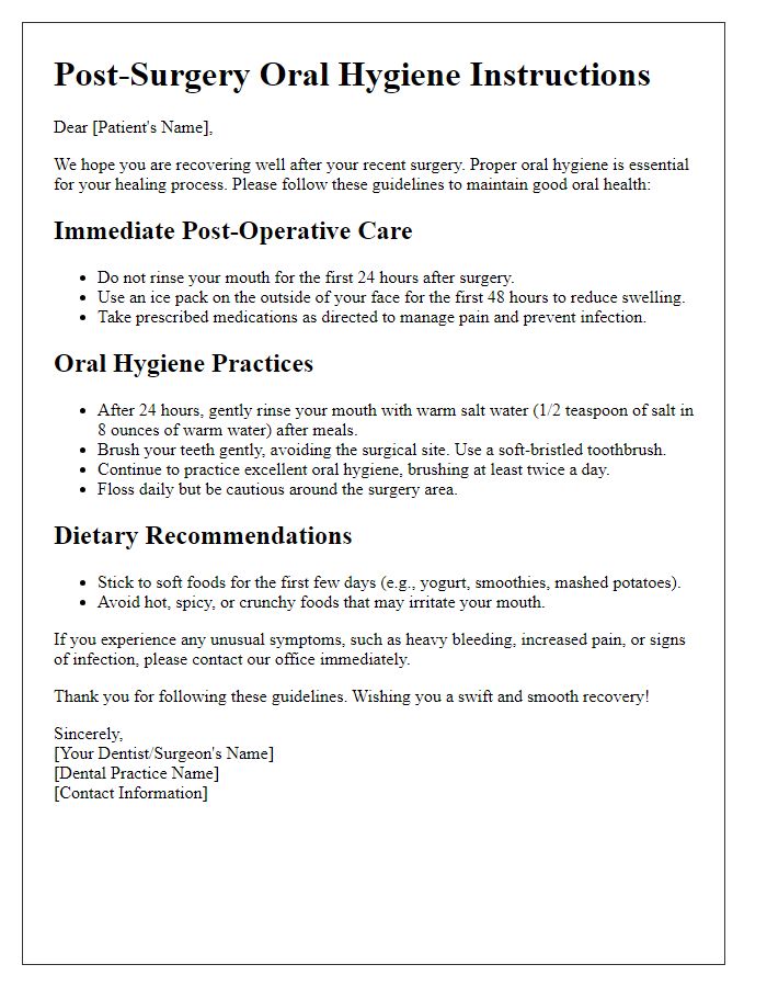 Letter template of oral hygiene practices following surgery.