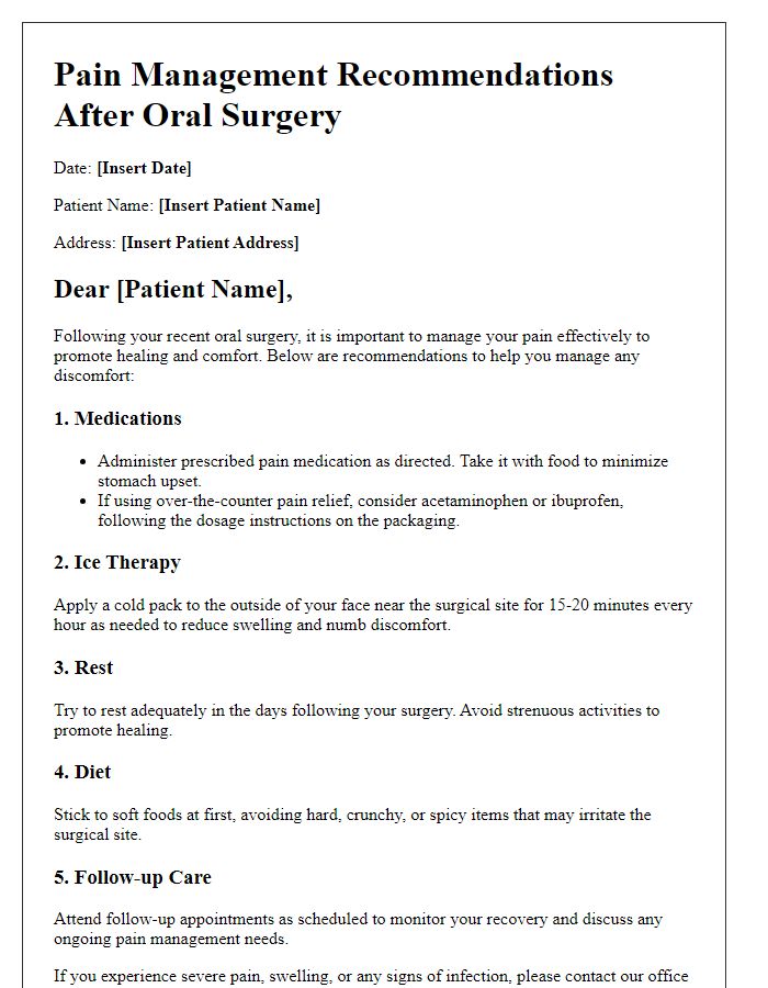 Letter template of pain management recommendations after oral surgery.