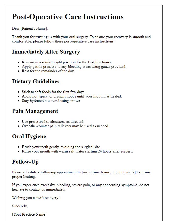 Letter template of post-operative care instructions for oral surgery.