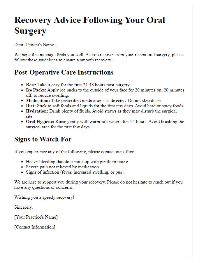 Letter template of recovery advice following oral surgery.