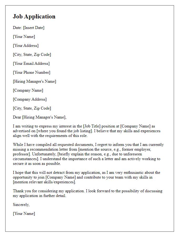 Letter template of job application missing recommendation letter.