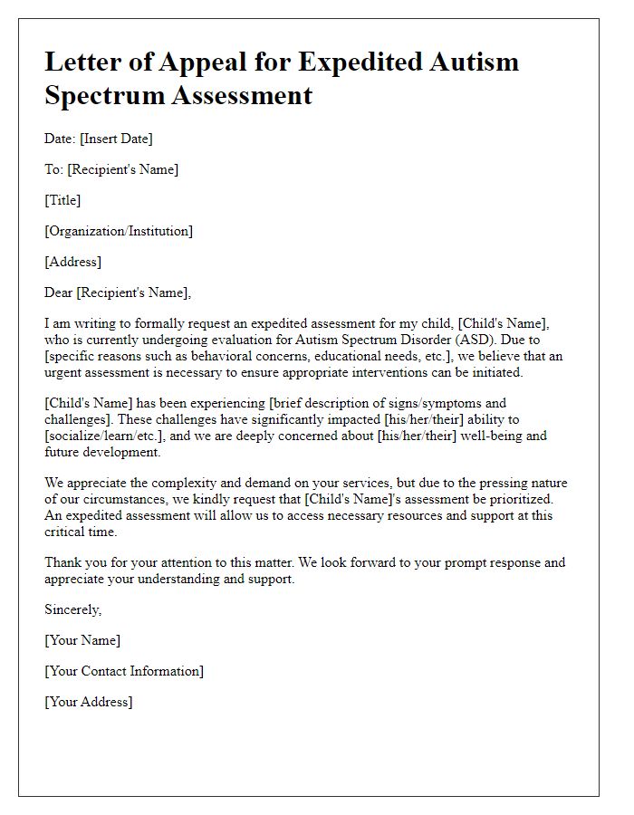 Letter template of appeal for expedited autism spectrum assessment.