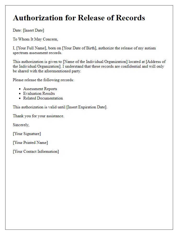 Letter template of authorization for release of autism spectrum assessment records.