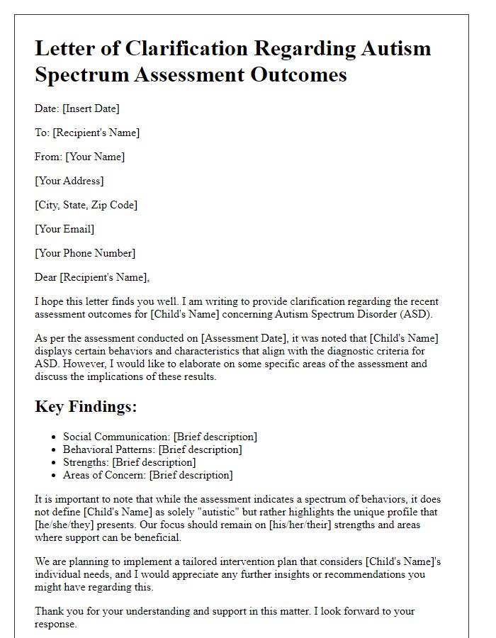 Letter template of clarification regarding autism spectrum assessment outcomes.