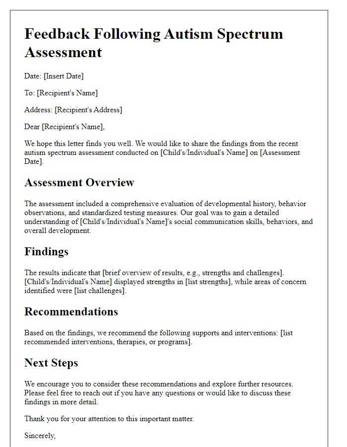 Letter template of feedback following autism spectrum assessment.