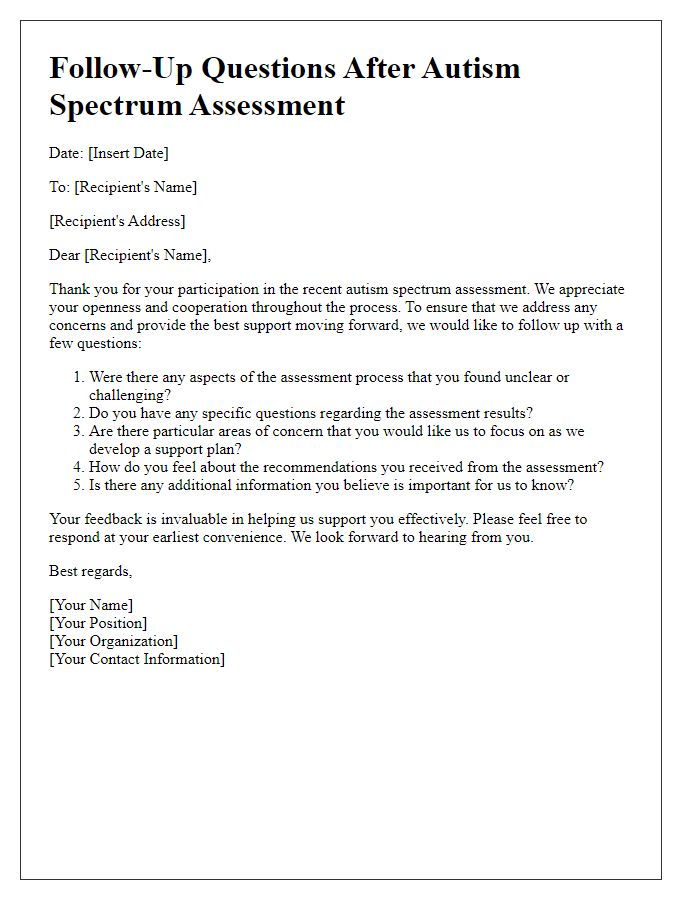 Letter template of follow-up questions after autism spectrum assessment.