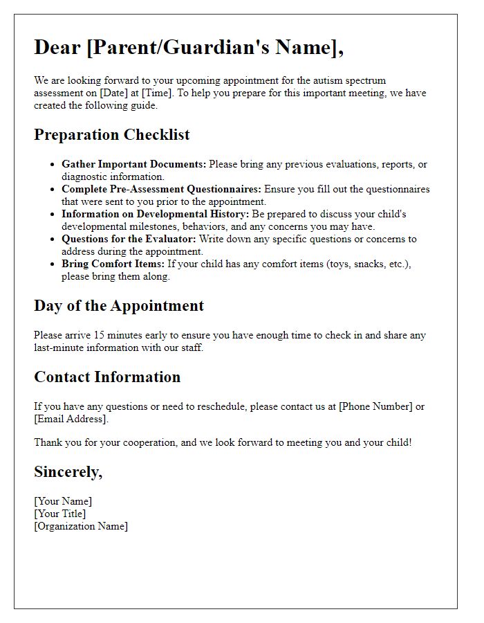 Letter template of preparation guide for autism spectrum assessment appointment.