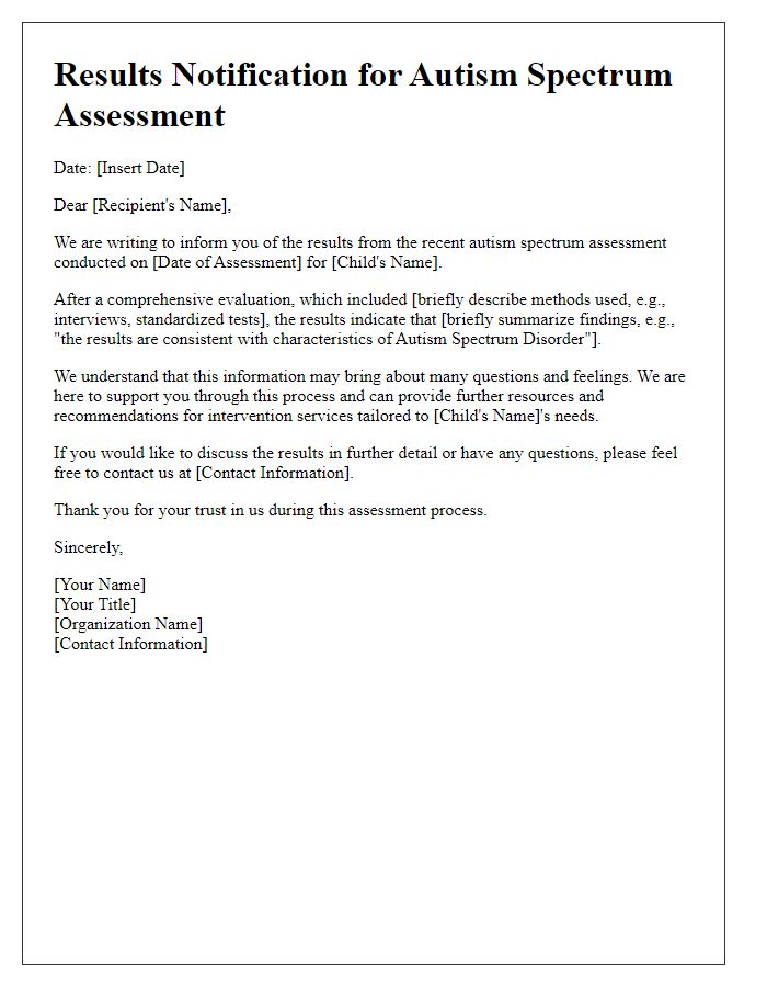 Letter template of results notification for autism spectrum assessment.