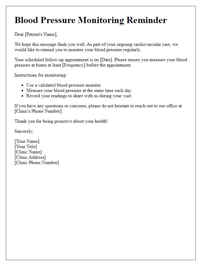 Letter template of blood pressure monitoring reminder for cardiology clinics.