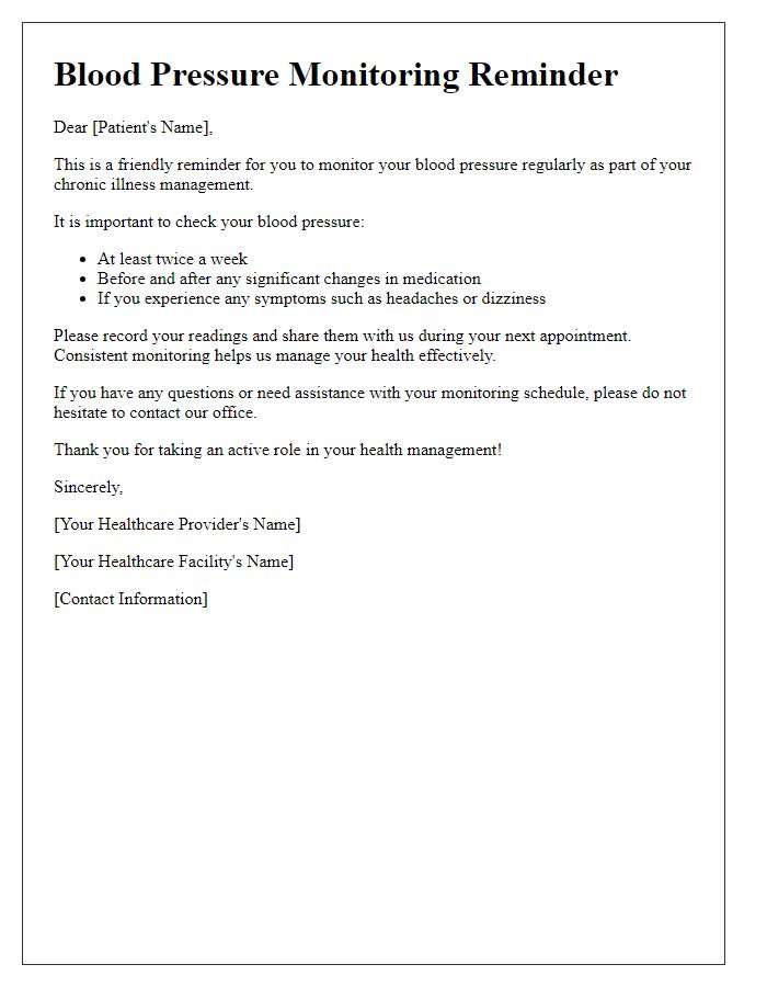 Letter template of blood pressure monitoring reminder for chronic illness management.