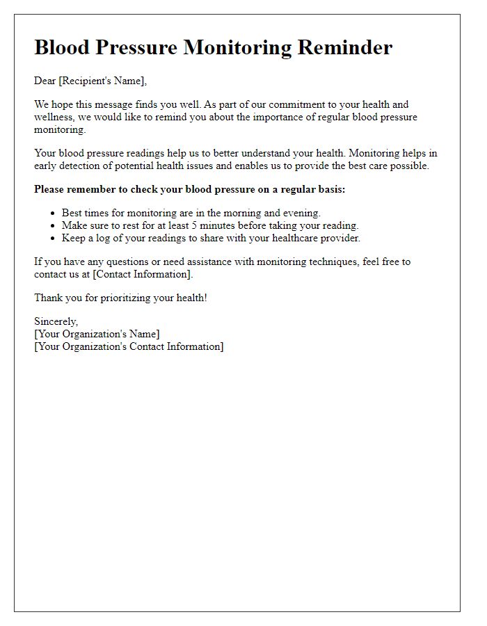 Letter template of blood pressure monitoring reminder for community health programs.