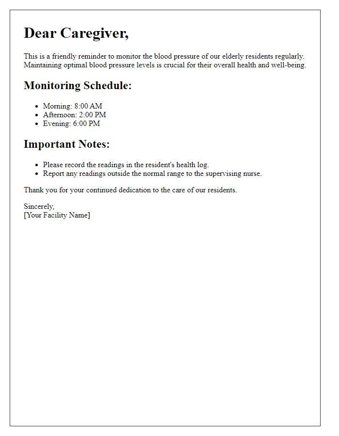 Letter template of blood pressure monitoring reminder for elderly care facilities.