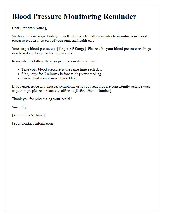 Letter template of blood pressure monitoring reminder for patients.