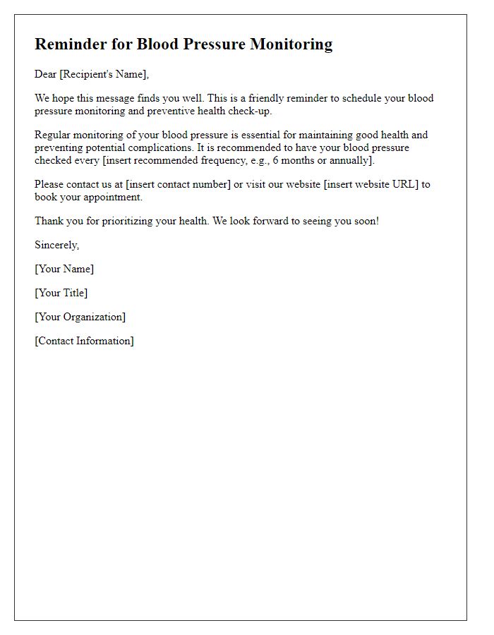 Letter template of blood pressure monitoring reminder for preventive health check-ups.