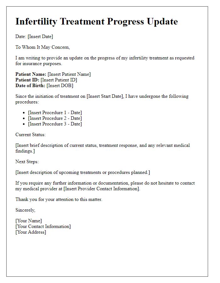 Letter template of infertility treatment progress update for insurance purposes.