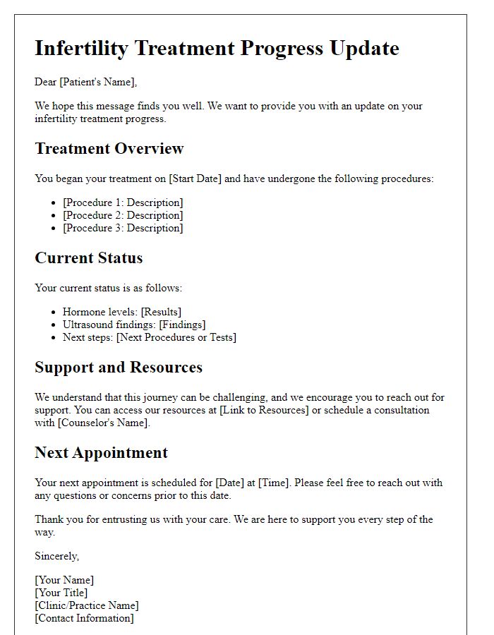 Letter template of infertility treatment progress update for patient support.