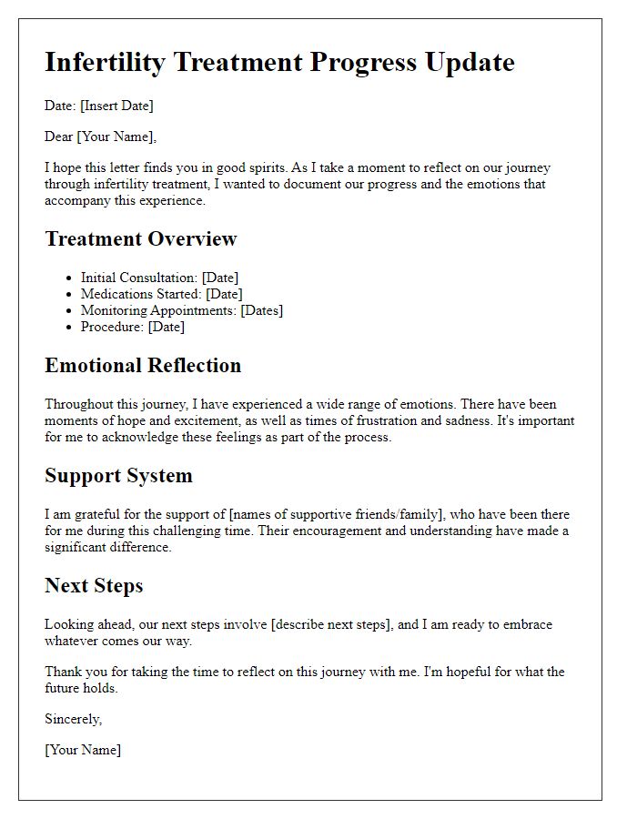 Letter template of infertility treatment progress update for personal reflection.