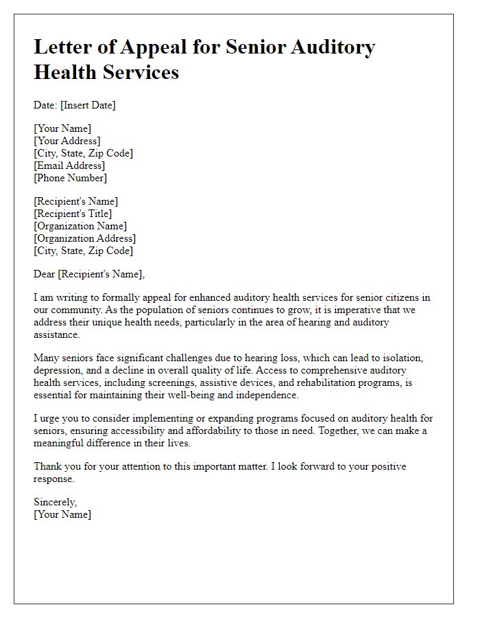 Letter template of appeal for senior auditory health services.